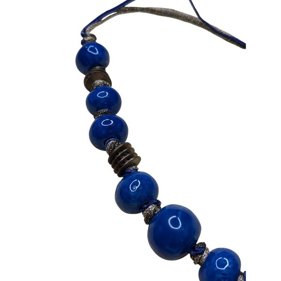 Artisan Blue Ceramic Bead Necklace Goldtone Black and Blue Cords Hook Clasp - Picture 4 of 5